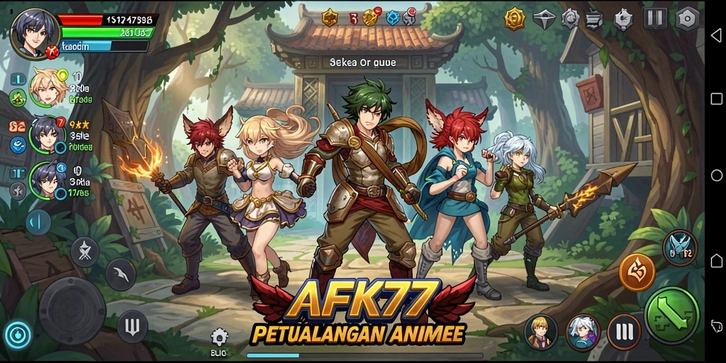 Screenshots AFK77 menampilkan pertarungan karakter anime yang dinamis.