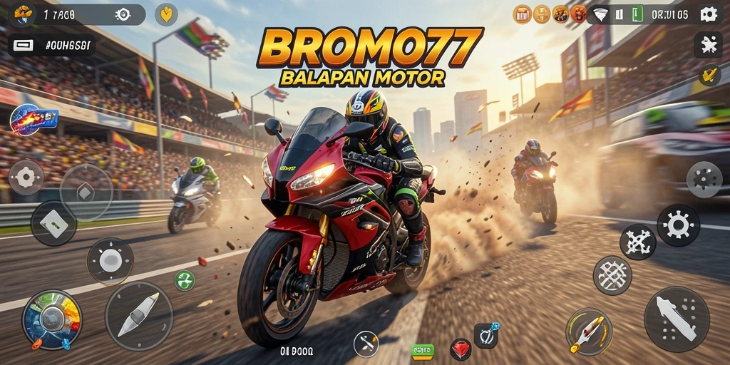 Tangkapan layar dari gameplay BROMO77 dengan balapan motor yang seru.