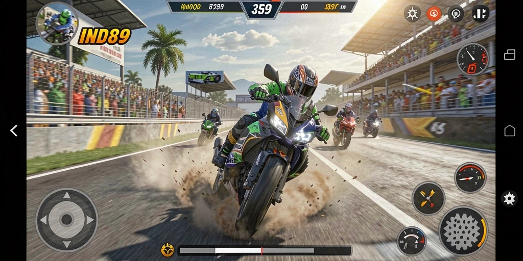 Tampilan aksi balap motor yang mendebarkan dalam IND89.
