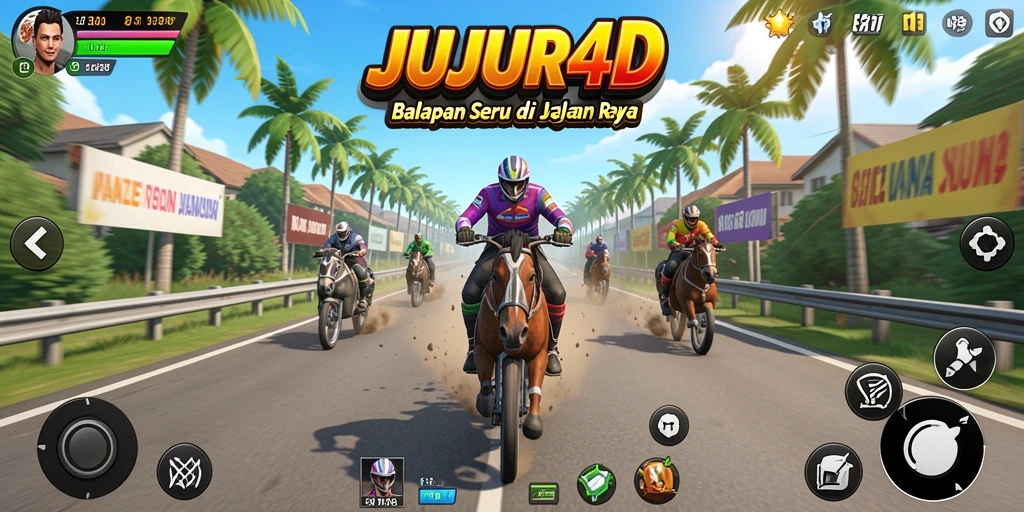 Screenshot JUJUR4D menunjukkan pemain beraksi di trek balap yang menegangkan.
