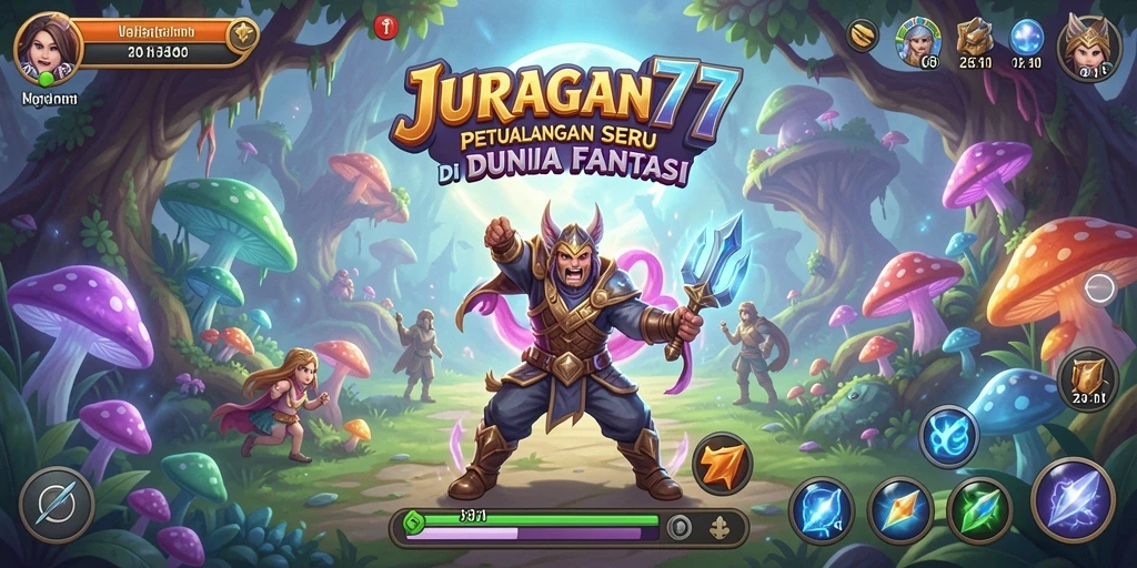 Tampilan dalam game JURAGAN77 dengan karakter menjelajah dunia fantastis.