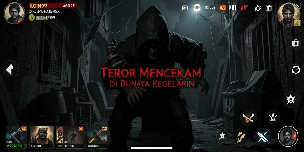Tampilan gameplay KOIN99 dengan nuansa menyeramkan dan penuh ketegangan.